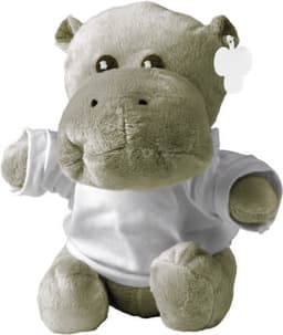 A plush hippo toy in grey, wearing a white shirt, with brown eyes and round ears, featuring a branding tag.