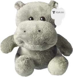 A plush hippo toy in soft grey with a round face and large eyes, featuring a tag with a logo.