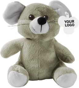 A plush toy mouse in grey and green with oversized ears and a small nose. It features a branding tag.