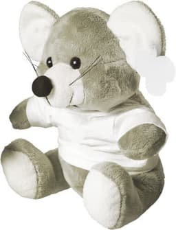 A plush mouse toy with grey fur, black eyes, and white ears, wearing a small white shirt. It has a cute smile and whiskers.
