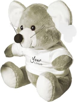 A plush grey mouse wearing a white shirt with a logo, featuring large ears and a friendly expression.