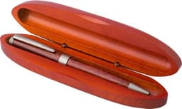 A rosewood ballpoint pen housed in a red presentation case, featuring silver accents and a smooth finish.