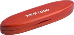 An orange case with a sleek, rounded design, featuring a logo on the top.