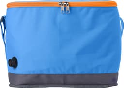 A blue polyester cooler bag with an orange zipper and grey bottom, featuring a side handle and a valve.