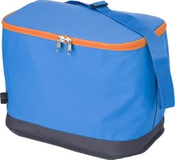 A blue polyester cooler bag with an orange zip and a black base, featuring a shoulder strap. It has a logo on it.