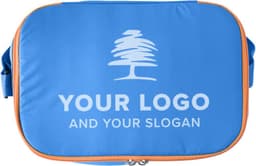 A blue polyester cooler bag with orange accents and a logo on the front.