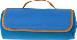 A blue fleece picnic blanket rolled up with an orange trim and a carrying handle.