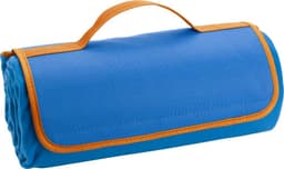 A blue fleece picnic blanket rolled up with an orange trim and a carrying handle.