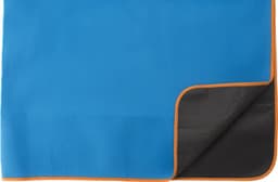 A blue picnic blanket with an orange trim and a black underside. The blanket is folded neatly.