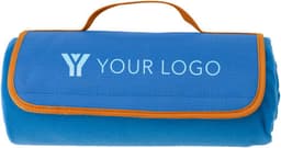 A blue fleece picnic blanket, rolled and secured with an orange trim and handle, featuring a logo.