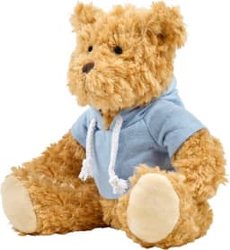 A plush teddy bear with a fluffy golden-brown fur and a blue hoodie, featuring a soft, cuddly design.