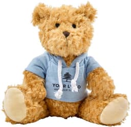 A plush teddy bear with a light brown fur, wearing a blue hoodie and featuring a logo on it.