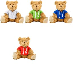 Plush teddy bears with various coloured hoodies: green, blue, red, and white. Each bear has a cute, friendly expression.