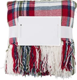 A folded polyester chenille blanket in red, green, and white check pattern with fringing, secured with a band.