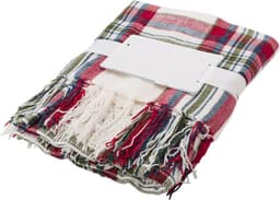 A folded polyester chenille blanket in a red, green, and cream plaid pattern, featuring fringed edges and a white band.