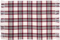 A polyester chenille blanket with a red, black, and cream plaid pattern, featuring fringed edges.