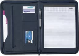 A navy PU conference folder featuring a notepad, card slots, and a pen. It includes a logo on the interior.