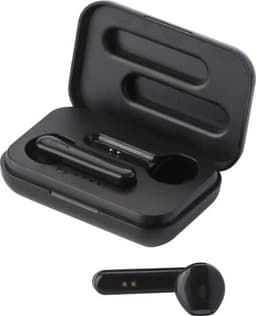 Wireless earphones in a black charging case, featuring one earbud outside the case. The case has a simple, sleek design.