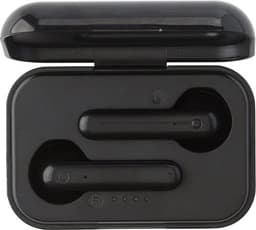 A pair of black wireless earphones housed in a compact case with an indicator light and a logo.