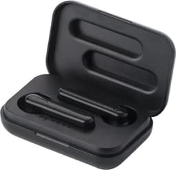 A pair of black wireless earphones positioned in a charging case, featuring a brand logo.
