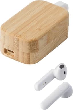 Wireless earphones in white with a bamboo charging case. The case has a simple design and features a logo.