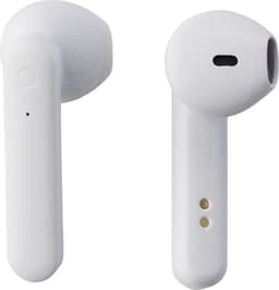 White wireless earphones with a minimalist design, featuring a logo and magnetic charging contacts.