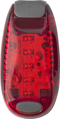 A red ABS safety light with a clear casing, displaying internal circuitry and a grey top section.