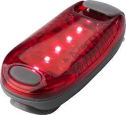 A red safety light with a grey base featuring multiple LED lights. It has a sleek, oval design and a logo.