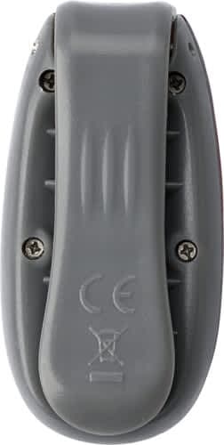 A grey ABS safety light featuring a clip on the back, secured with visible screws.