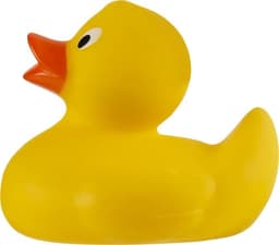 A bright yellow PVC rubber duck with an orange beak, featuring a simple design and a small black eye.