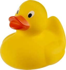 A bright yellow PVC rubber duck with an orange beak and eyes, featuring a small logo on its side.