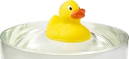 A yellow PVC rubber duck floating in a clear water surface, featuring a simple design with an orange beak.