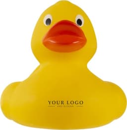 A yellow PVC rubber duck with a bright orange beak, featuring a logo on its body.
