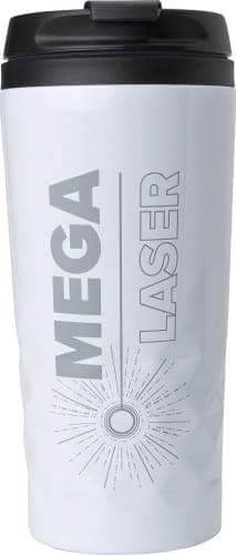 A stainless steel mug with a white exterior and a black lid, featuring a logo design.