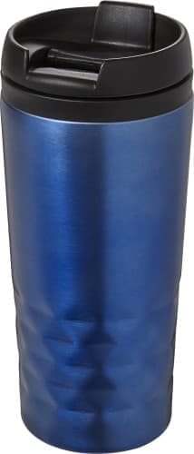 A stainless steel mug in a shiny blue finish, featuring a black lid and a textured grip. It has a logo on the side.