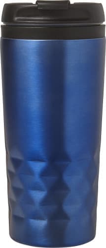 A stainless steel mug in a glossy blue finish with a black lid and textured design.