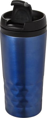 A stainless steel mug in a vibrant blue colour with a black lid and a textured surface. It features a logo.