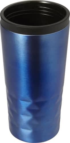 A stainless steel mug with a sleek blue finish and a black lid, featuring a textured design.