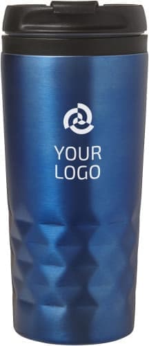 A stainless steel mug in blue with a textured design and a black lid, featuring a logo on the front.
