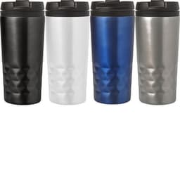 A set of four stainless steel mugs in black, white, blue, and silver, each with a black lid and textured design.