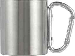 A stainless steel double-walled mug with a silver finish and a metal carabiner handle.