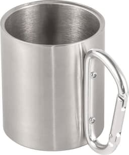 A stainless steel double-walled mug with a metal carabiner handle. The surface is shiny and smooth.