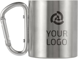 A stainless steel double-walled mug featuring a carabiner handle and a logo on the surface.