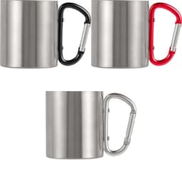 A stainless steel double-walled mug featuring a carabiner handle in black, red, and silver options.