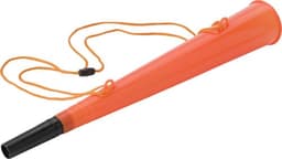 An orange stadium horn with a black mouthpiece and a yellow cord for hanging.