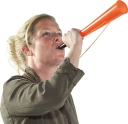 An orange stadium horn is held by a woman, ready to be used for events or celebrations.