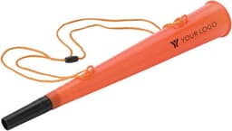 An orange plastic stadium horn with a black tip and an attached cord for easy carrying. It features a logo.