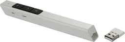A white ABS laser pointer with buttons and a USB receiver. The design is sleek and modern.