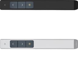 A black and a white ABS laser pointer are displayed side by side, featuring buttons and a logo.