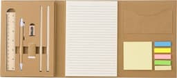 A cardboard writing folder in brown, containing a notepad, ruler, pen, sticky notes, and stationery items.